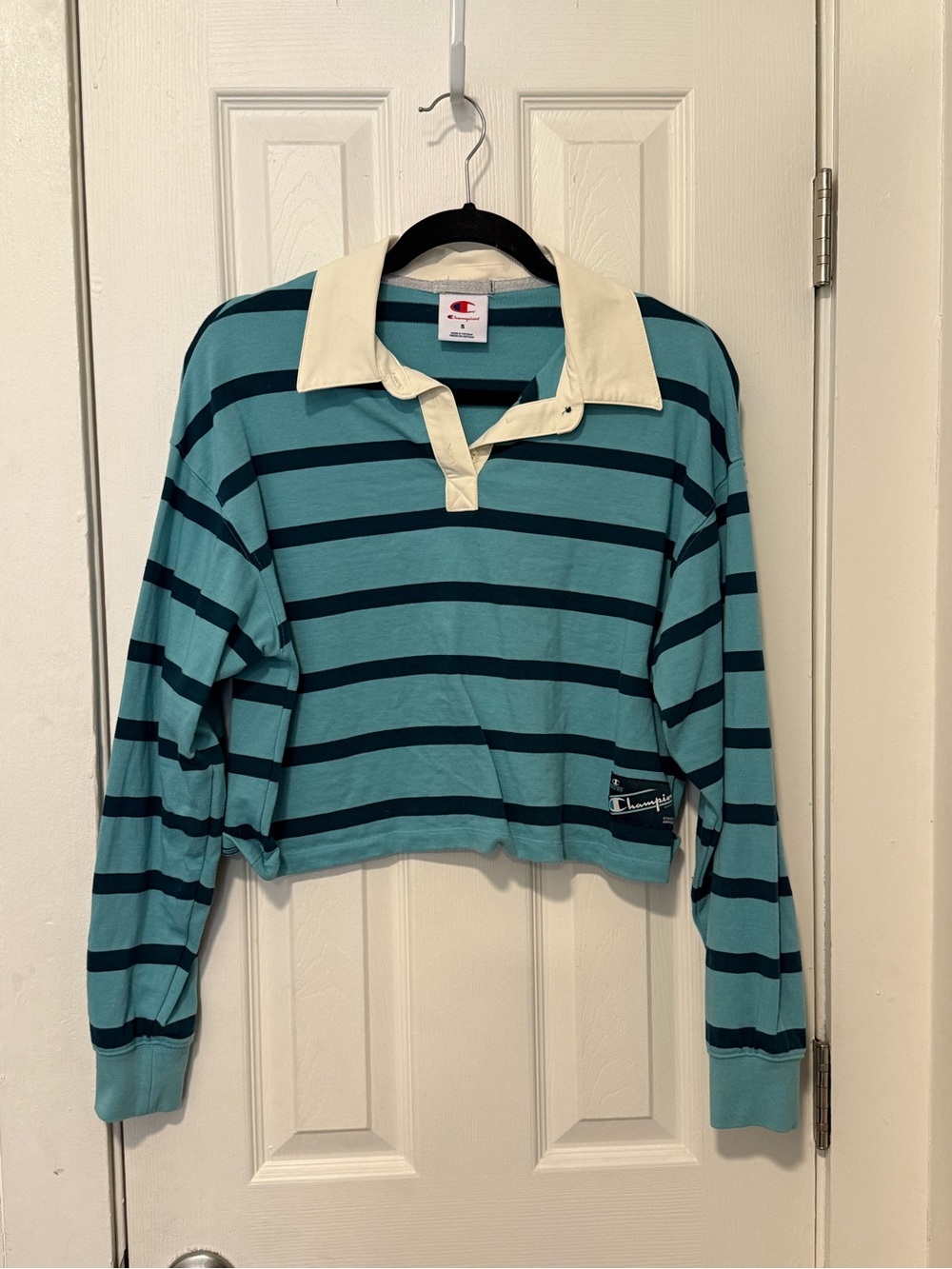 Champion Teal and Navy Striped Rugby Shirt with Cream Collar